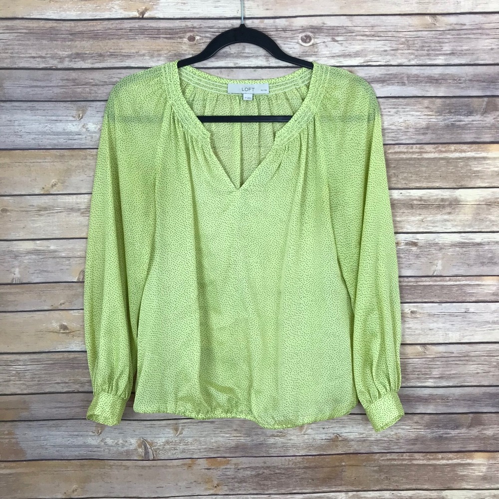 LOFT Top Women PS Petite Semi Sheer Polka Dot Yellow Elastic Waist Popover Woven